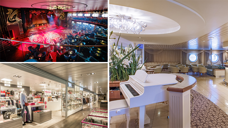 Baltic Queen, Tallink Silja Bildkollage Starlight, pianobanen och shoppingstråket på Baltic Queen